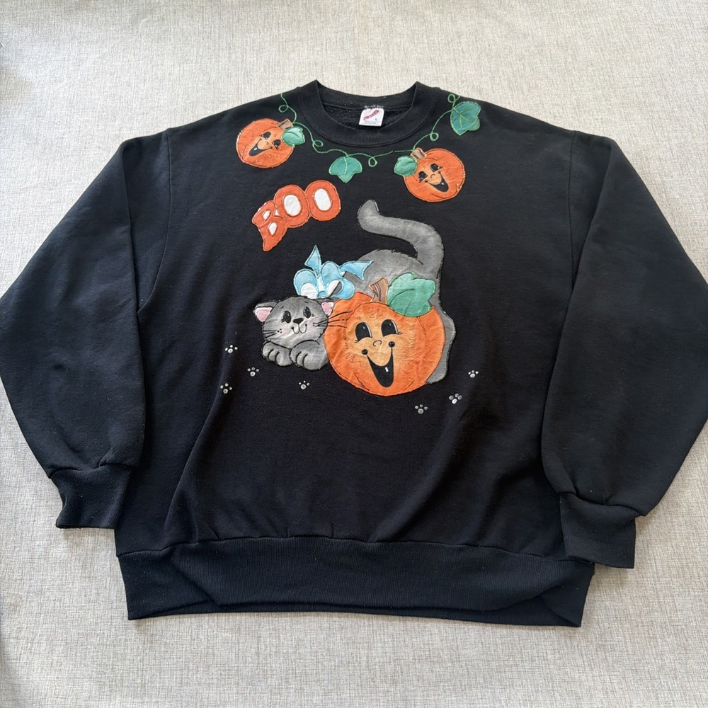 Vintage Collectible Halloween Sweatshirt Kitty Cat Pumpkin BOO Crewneck Sweatshi